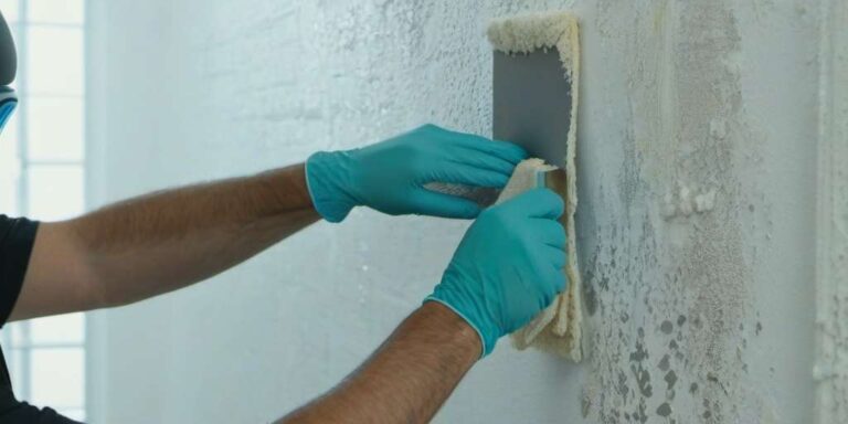 Pintor alisando una pared con espátula