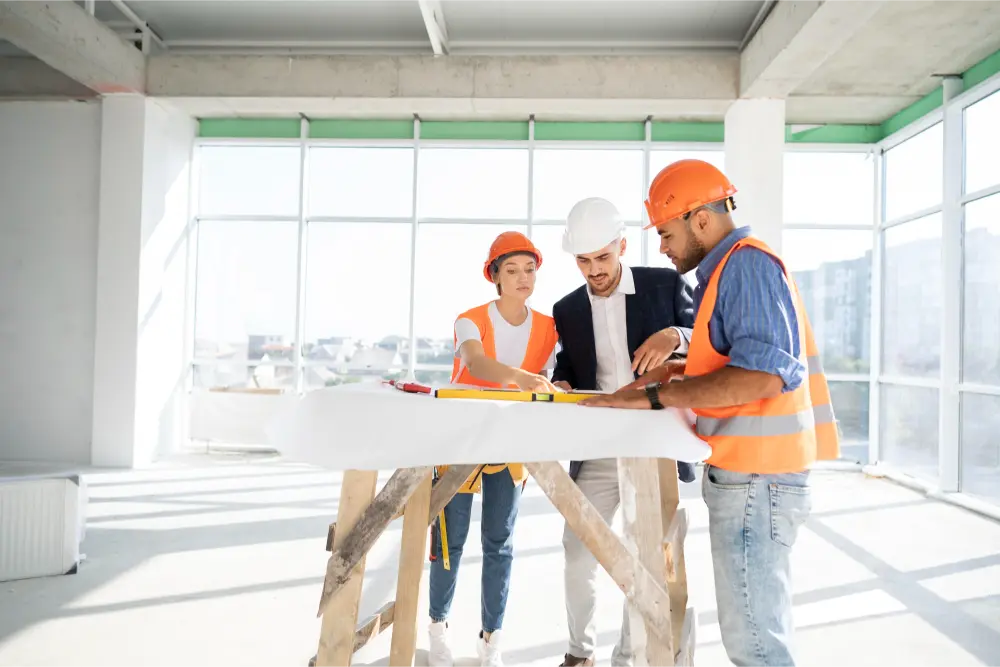Equipo técnico revisando planos en un local en obras