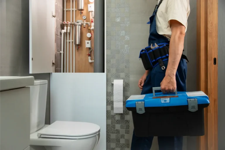 Fontanero con caja de herramientas en un baño