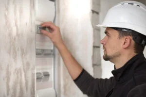Electricista con casco trabajando en el cuadro eléctrico de una vivienda