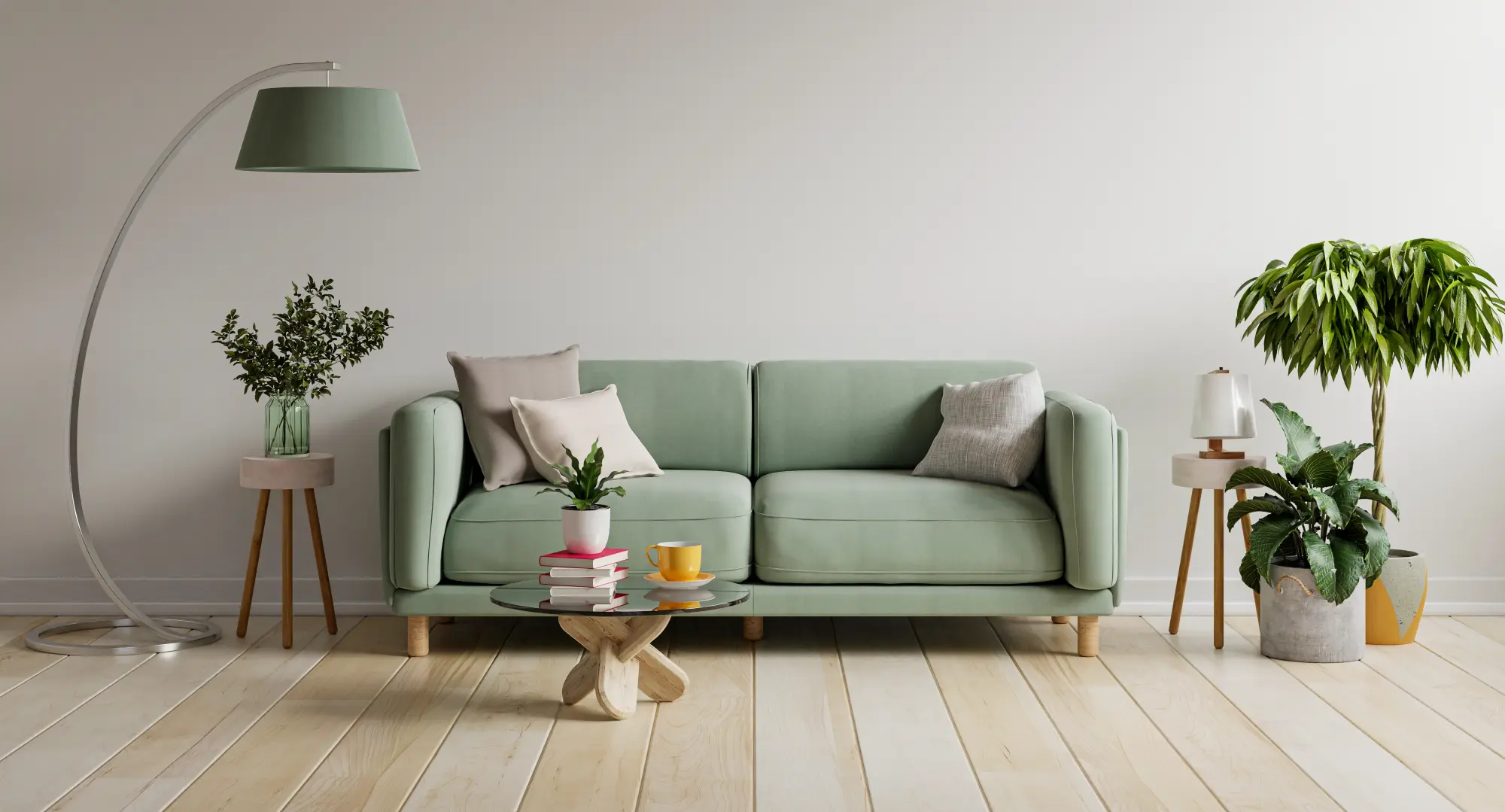 Reformas Orkaled sofa verde interior apartamento moderno pared vacia mesa madera render 3d Reformas Orkaled
