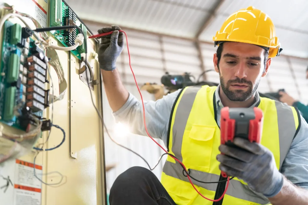 Electricista midiendo un circuito con polímetro en una nave