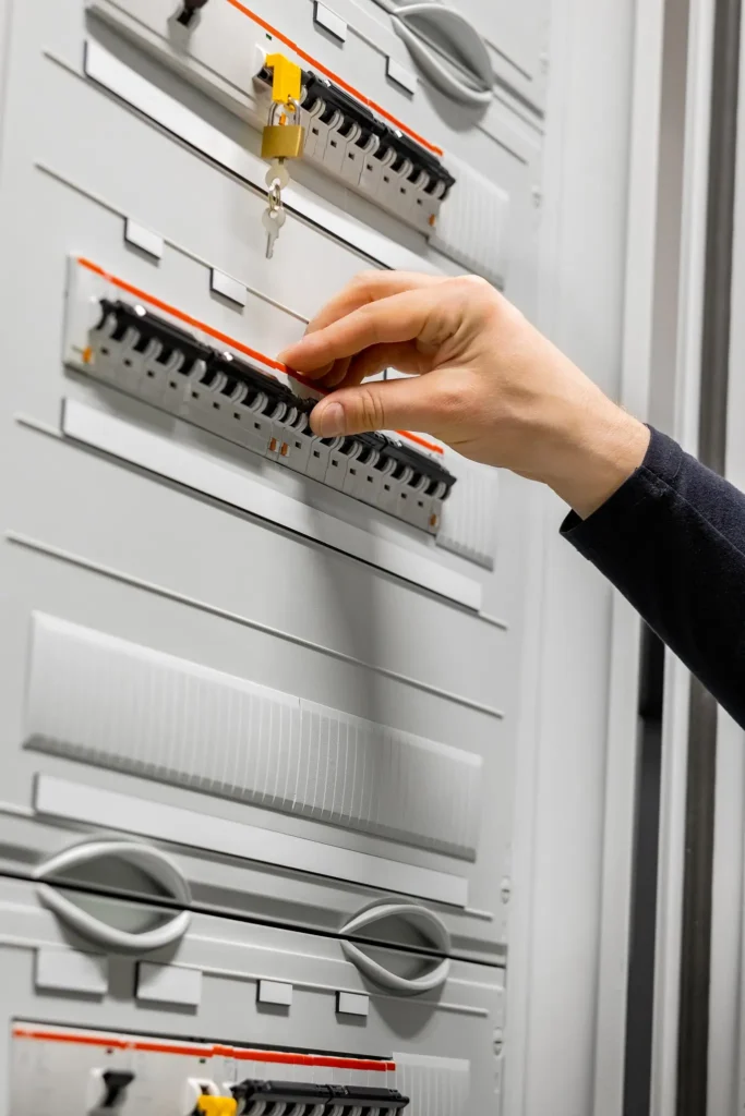 Electricista revisando los magnetotérmicos de un cuadro eléctrico